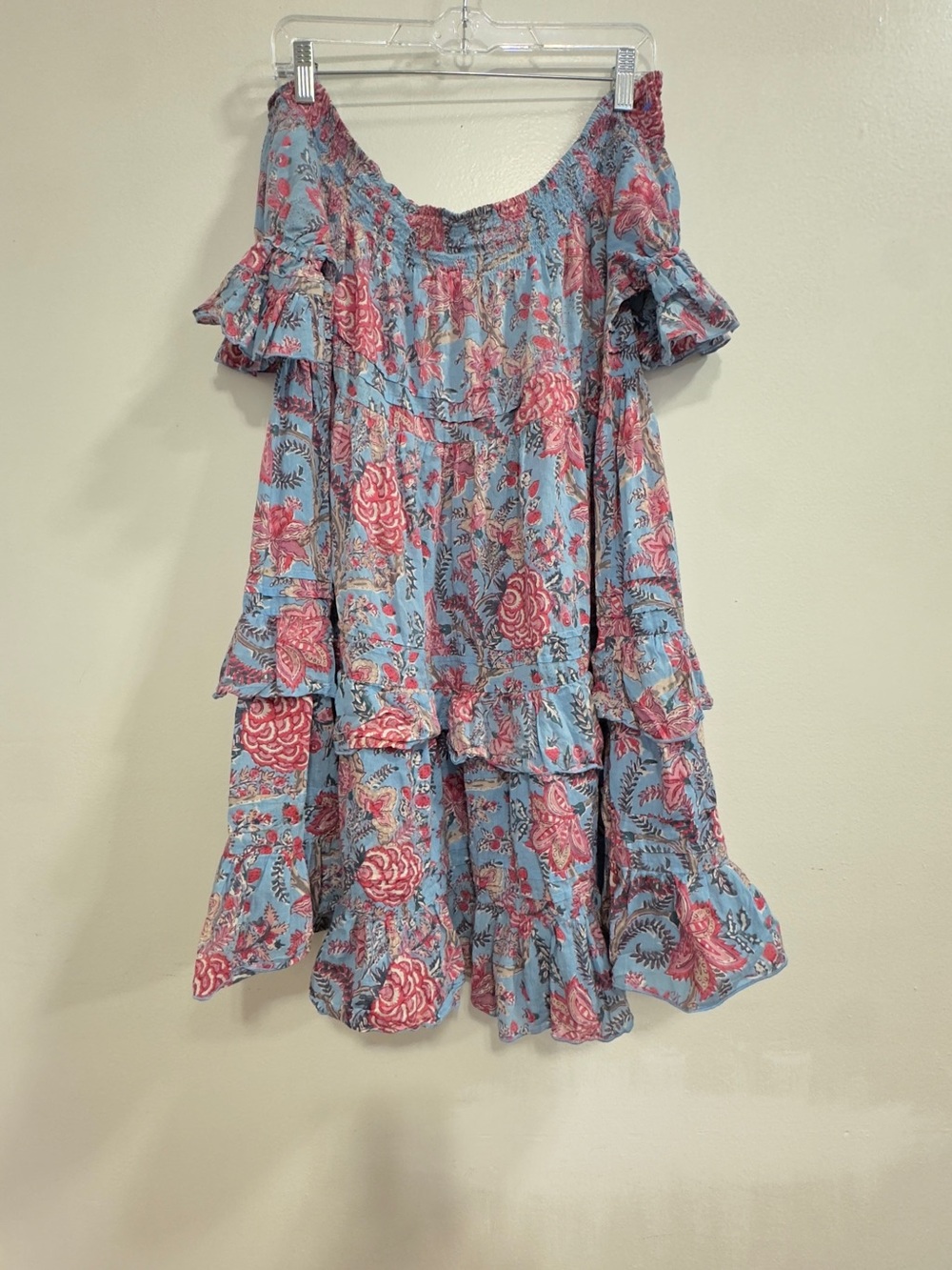 Pink Floral Ruffle Off-Shoulder Mini Dress - Blue